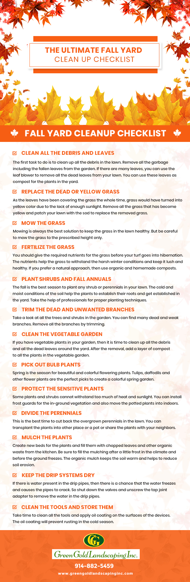 Fall Cleanup Landscaping Checklist Infographic - green gold landscaping