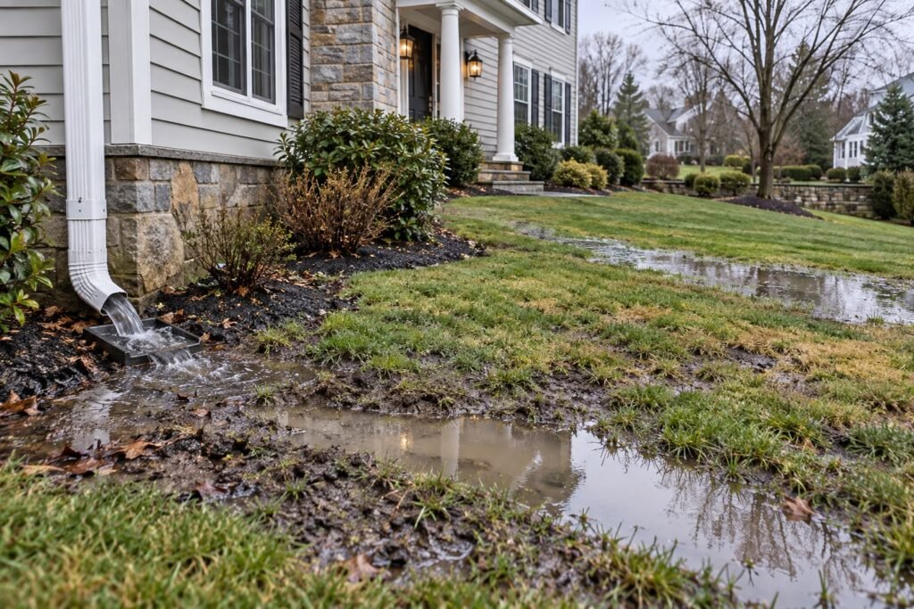 Standing water and muddy lawn showing yard drainage problems near a home.
