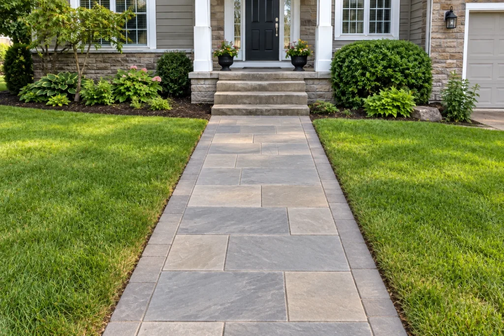 Illustrative concept: front walkway after repair with professionally installed bluestone-style paving.