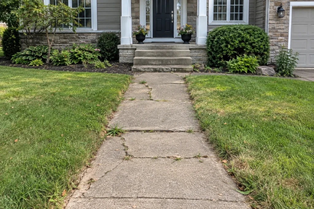 Illustrative concept: front walkway before repair with cracked concrete, uneven sections and weeds.