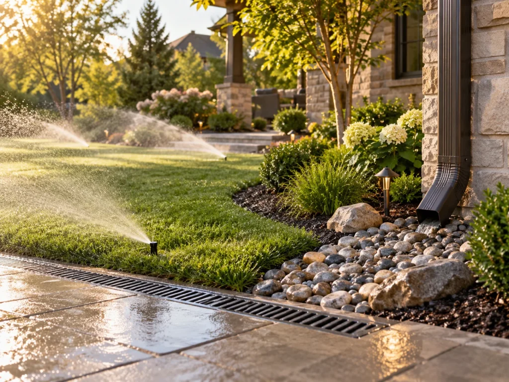 Residential landscape with irrigation sprinklers and drainage system managing water around the property.