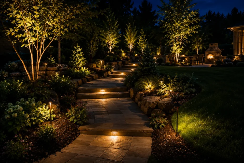 Landscape lights illuminating a garden path, steps and trees at dusk.