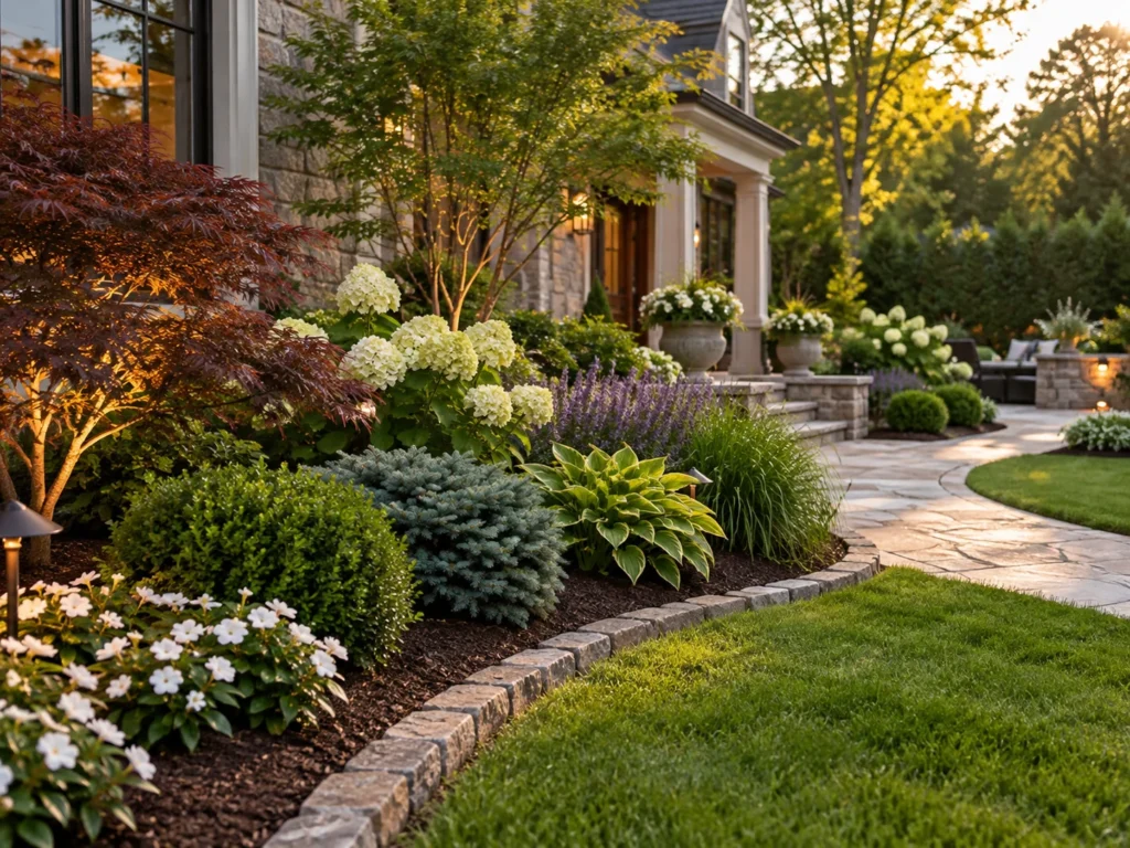 Professionally designed front landscape with layered shrubs, flowering plants and ornamental trees.