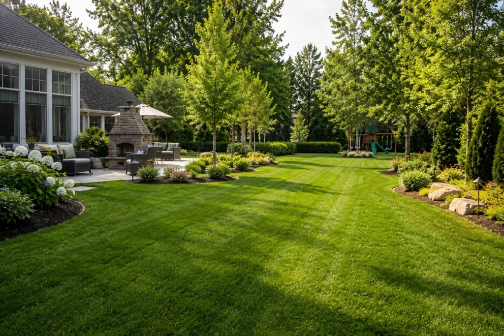 Mown lawn bordered by planting beds, shrubs and trees.