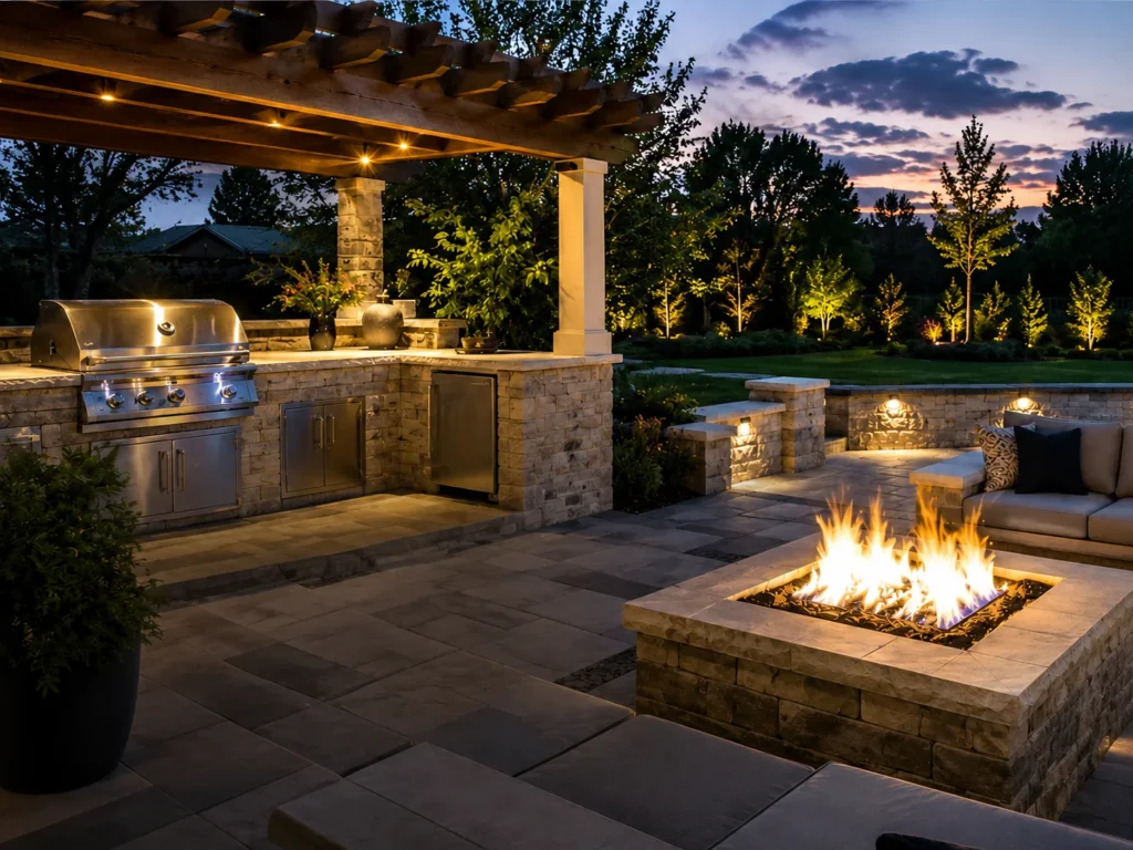 Outdoor kitchen under a pergola beside a stone patio and fire feature.