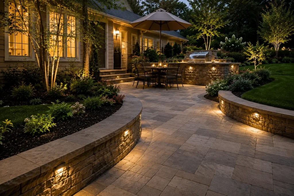 Paver patio with curved stone retaining walls and outdoor dining space.