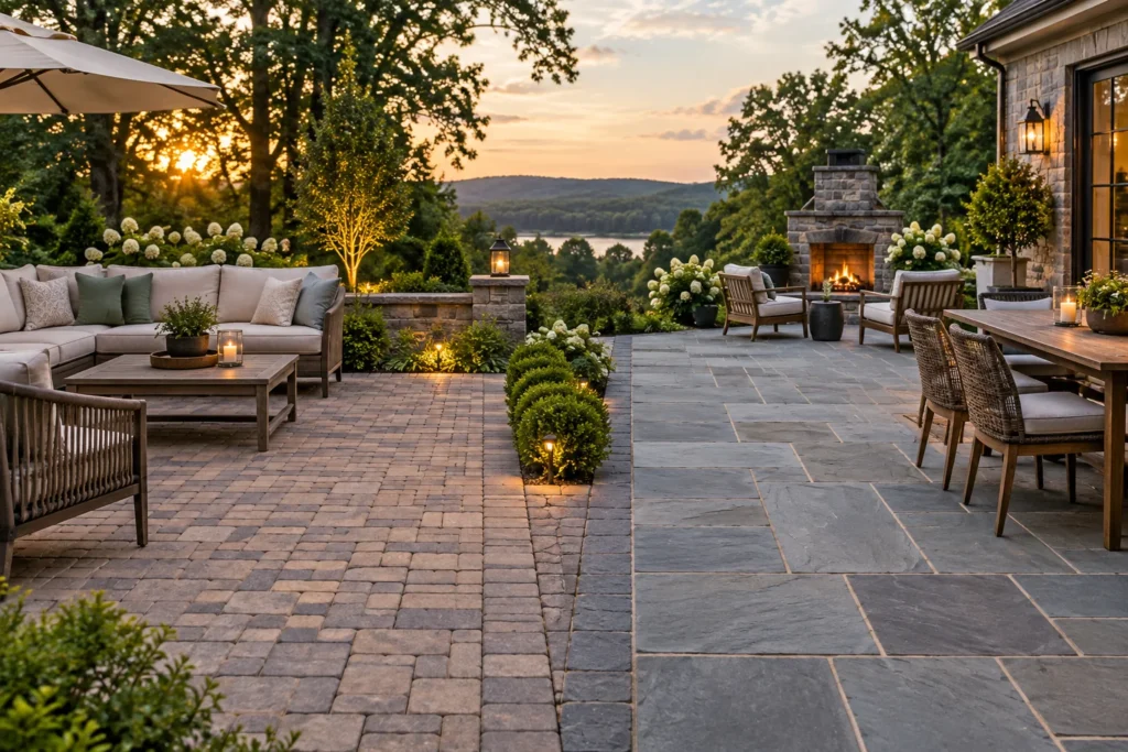 Pavers vs bluestone patio comparison in a residential outdoor living space.