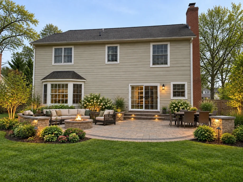 Illustrative concept: backyard after patio renovation with pavers, fire pit, seating and landscape planting.