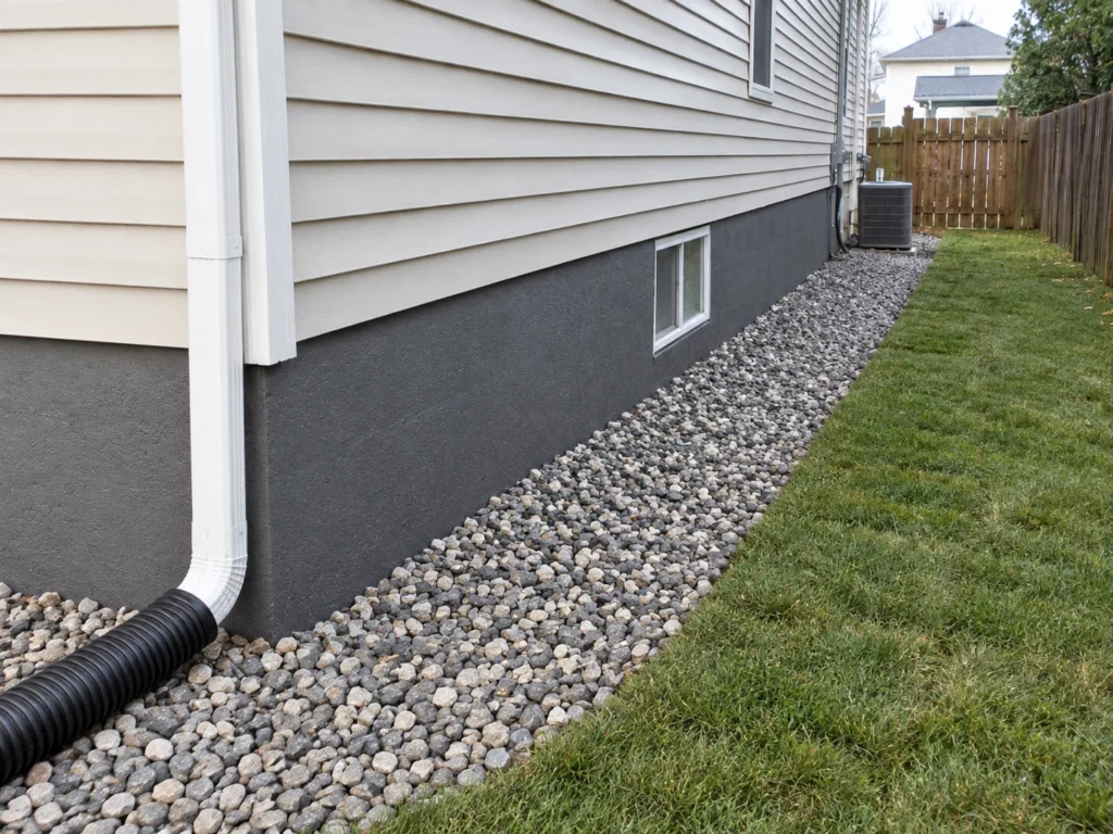 Illustrative concept: foundation area after waterproofing and drainage improvements with clean gravel and grading.