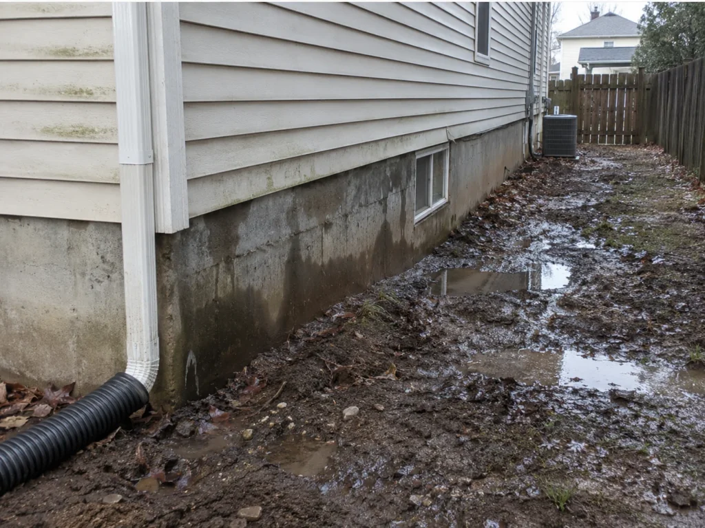 Illustrative concept: foundation area before waterproofing with muddy soil, standing water and drainage problems.