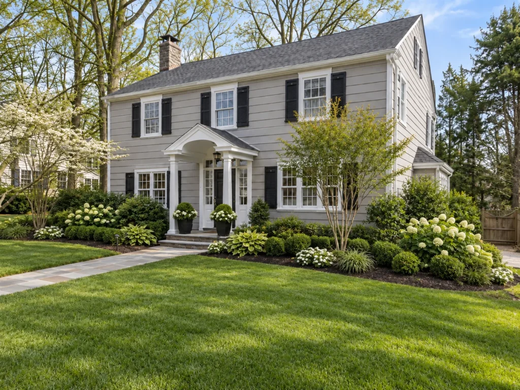 Illustrative concept: front yard after landscape renovation with new planting beds, shrubs and lawn.